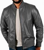 Men's grey leather genuine lambskin casual style bomber jacket