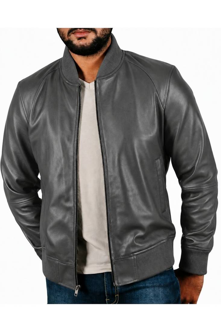 Men's grey leather genuine lambskin casual style bomber jacket
