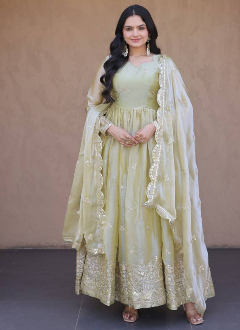 Pista green embroidered fendi silk gwon with dupatta