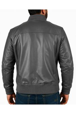 Men's grey leather genuine lambskin casual style bomber jacket 2
