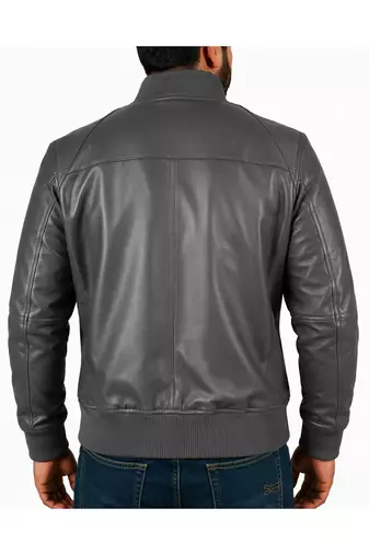Men's grey leather genuine lambskin casual style bomber jacket