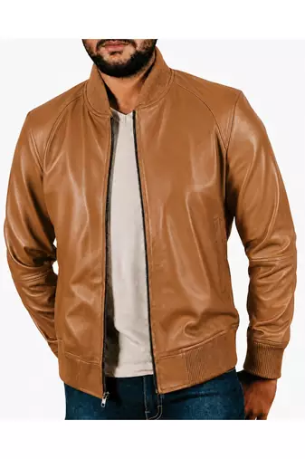 Men's tan leather real genuine casual style bomber jacket