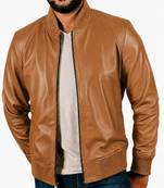 Men's tan leather real genuine casual style bomber jacket