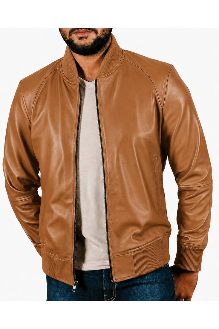 Men's tan leather real genuine casual style bomber jacket