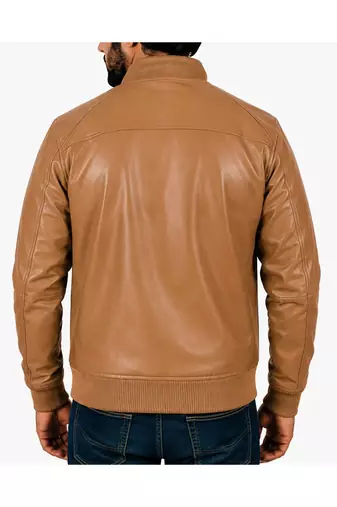 Men's tan leather real genuine casual style bomber jacket