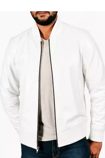 Men's white leather real genuine casual style bomber jacket