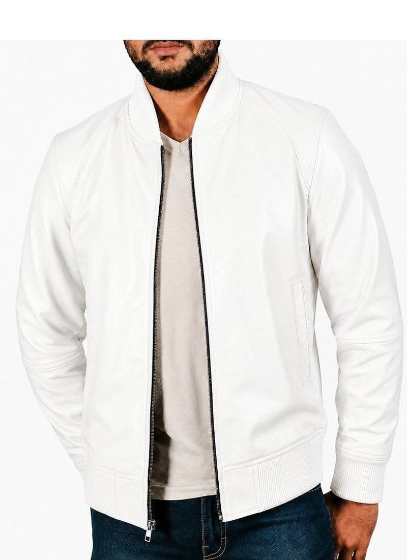 Men's white leather real genuine casual style bomber jacket