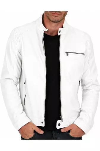 Men's cafe racer genuine leather white jacket designer style