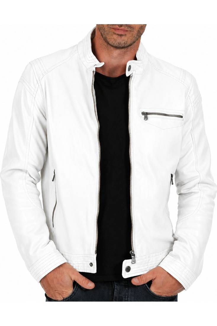 Men's cafe racer genuine leather white jacket designer style