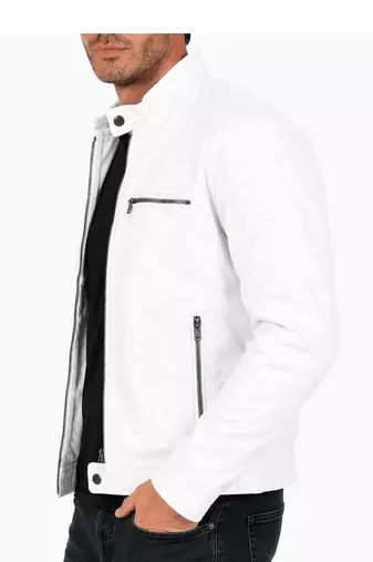 Men's cafe racer genuine leather white jacket designer style