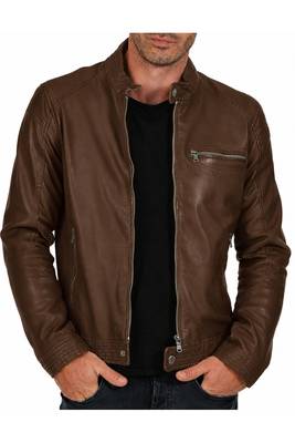 Men's cafe racer brown leather biker jacket urban fashion 1