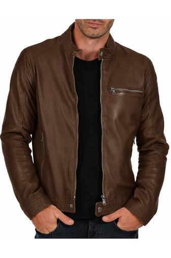 Men's cafe racer brown leather biker jacket urban fashion
