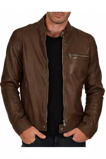 Men's cafe racer brown leather biker jacket urban fashion