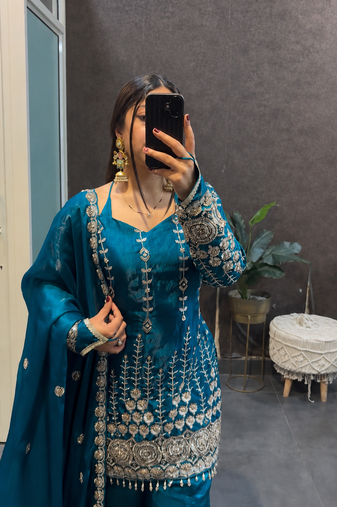 teal color embroidery sequin work satin silk blend kurti palazzo set