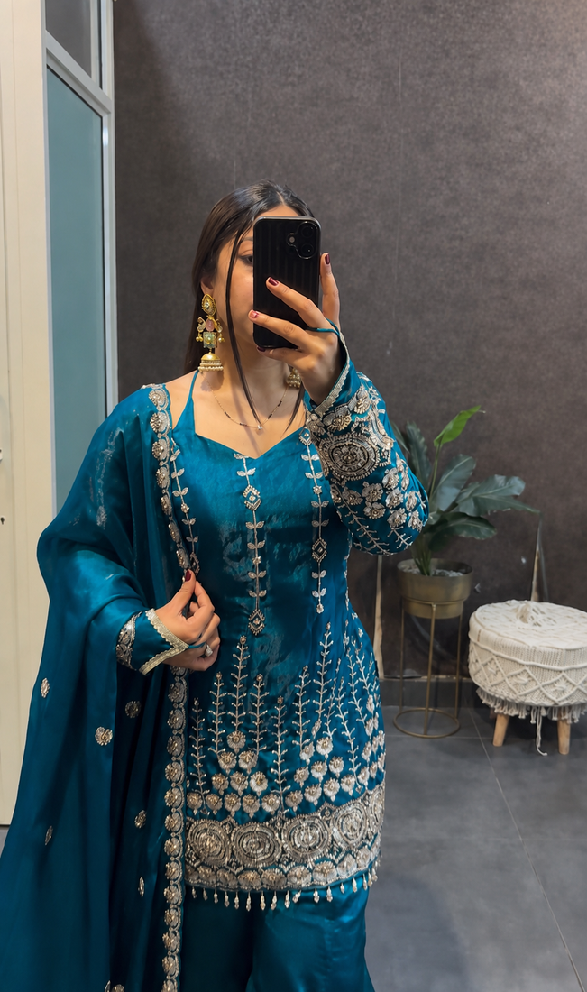 teal color embroidery sequin work satin silk blend kurti palazzo set