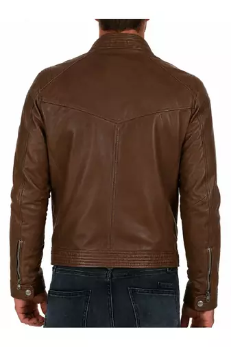 Men's cafe racer brown leather biker jacket urban fashion