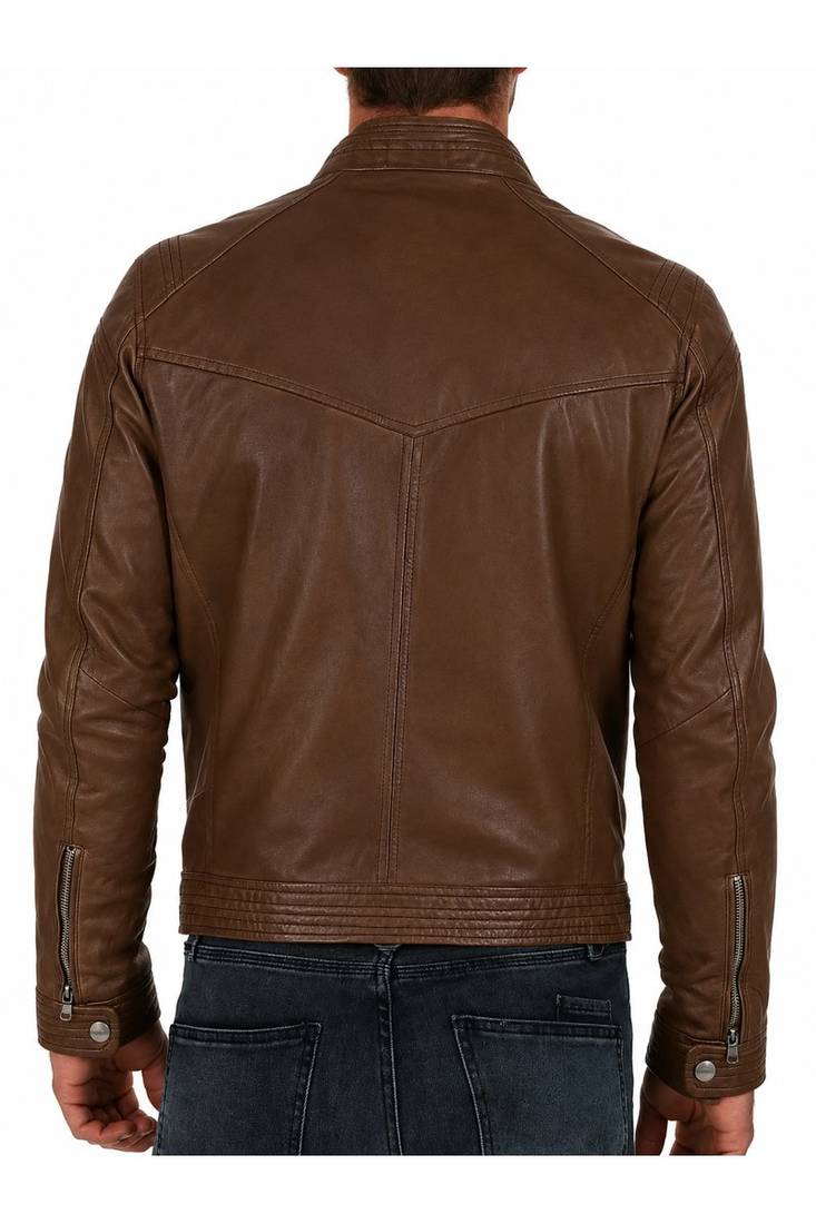 Men's cafe racer brown leather biker jacket urban fashion
