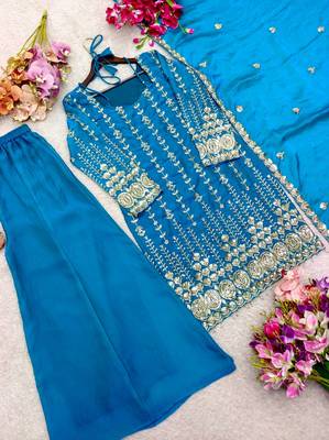 teal color embroidery sequin work satin silk blend kurti palazzo set 3