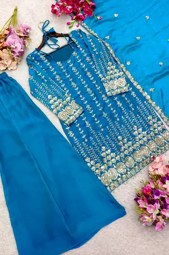 teal color embroidery sequin work satin silk blend kurti palazzo set