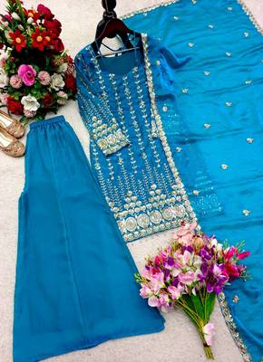 teal color embroidery sequin work satin silk blend kurti palazzo set 4