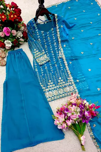 teal color embroidery sequin work satin silk blend kurti palazzo set