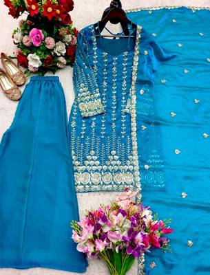 teal color embroidery sequin work satin silk blend kurti palazzo set 5