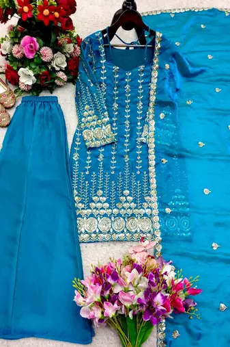 teal color embroidery sequin work satin silk blend kurti palazzo set