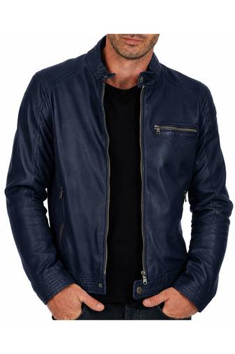 Men's navy blue genuine leather daily wear cafe racer jacket