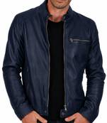 Men's navy blue genuine leather daily wear cafe racer jacket