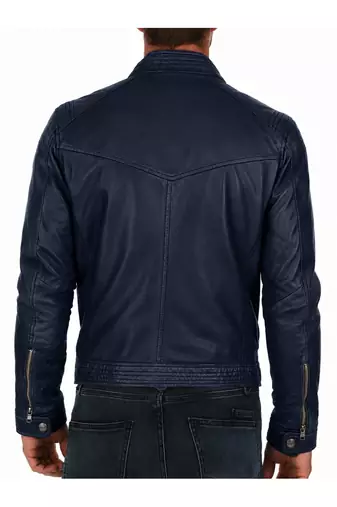 Men's navy blue genuine leather daily wear cafe racer jacket
