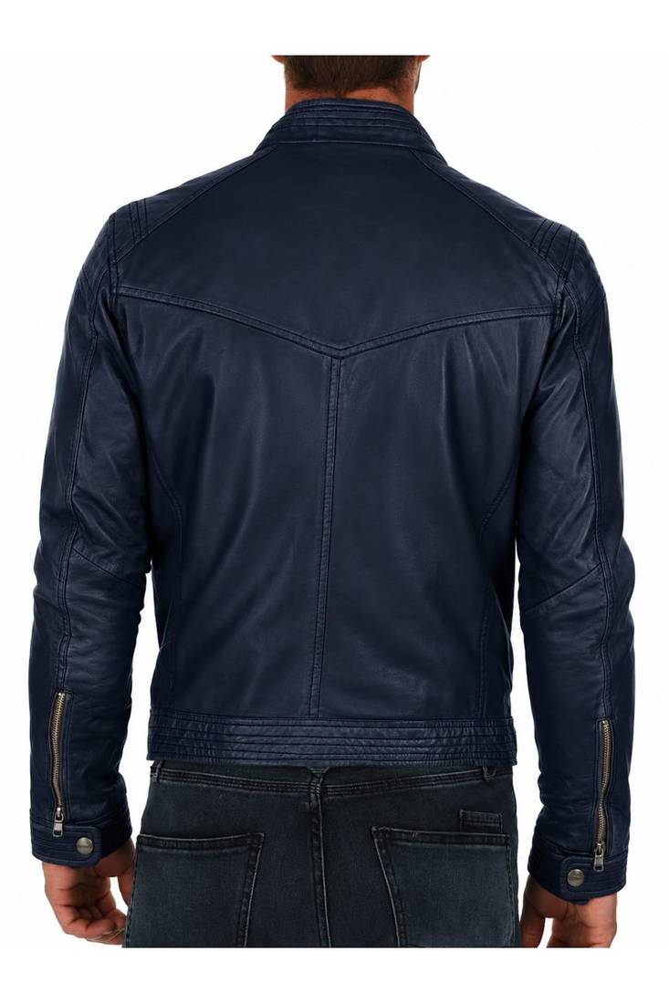 Men's navy blue genuine leather daily wear cafe racer jacket