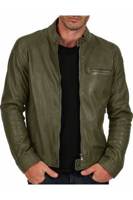 Men's olive lambskin leather signature look cafe racer jacket 1