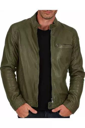 Men's olive lambskin leather signature look cafe racer jacket