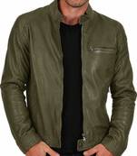 Men's olive lambskin leather signature look cafe racer jacket