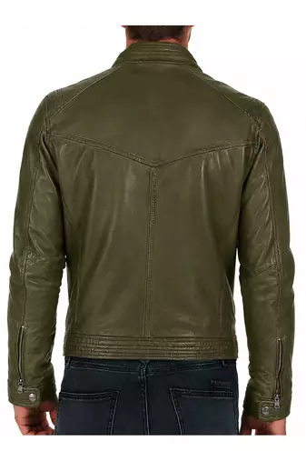 Men's olive lambskin leather signature look cafe racer jacket