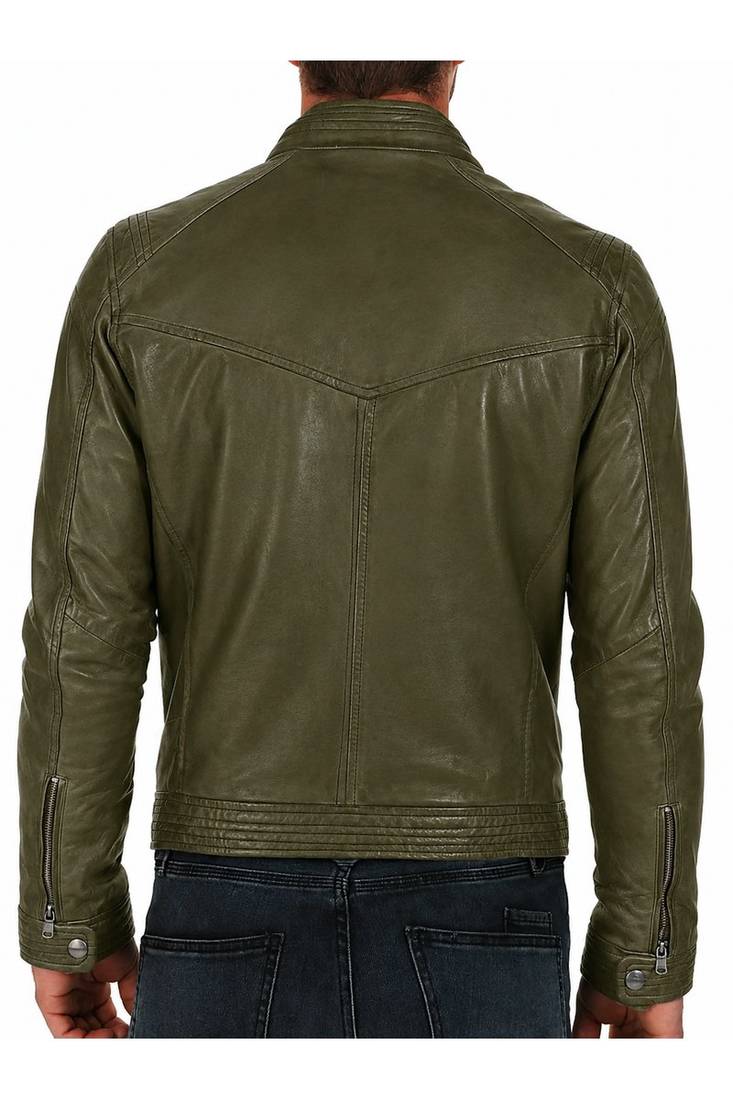 Men's olive lambskin leather signature look cafe racer jacket