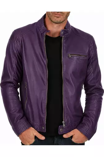 Men's purple real genuine leather classic design cafe racer jacket