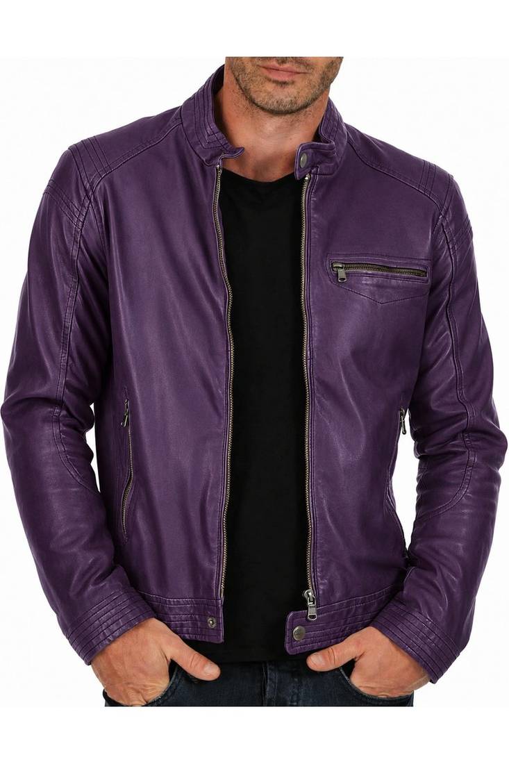 Men's purple real genuine leather classic design cafe racer jacket
