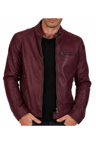 Men's burgundy leather genuine premium finish cafe racer jacket