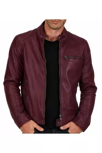 Men's burgundy leather genuine premium finish cafe racer jacket