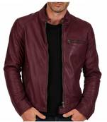 Men's burgundy leather genuine premium finish cafe racer jacket