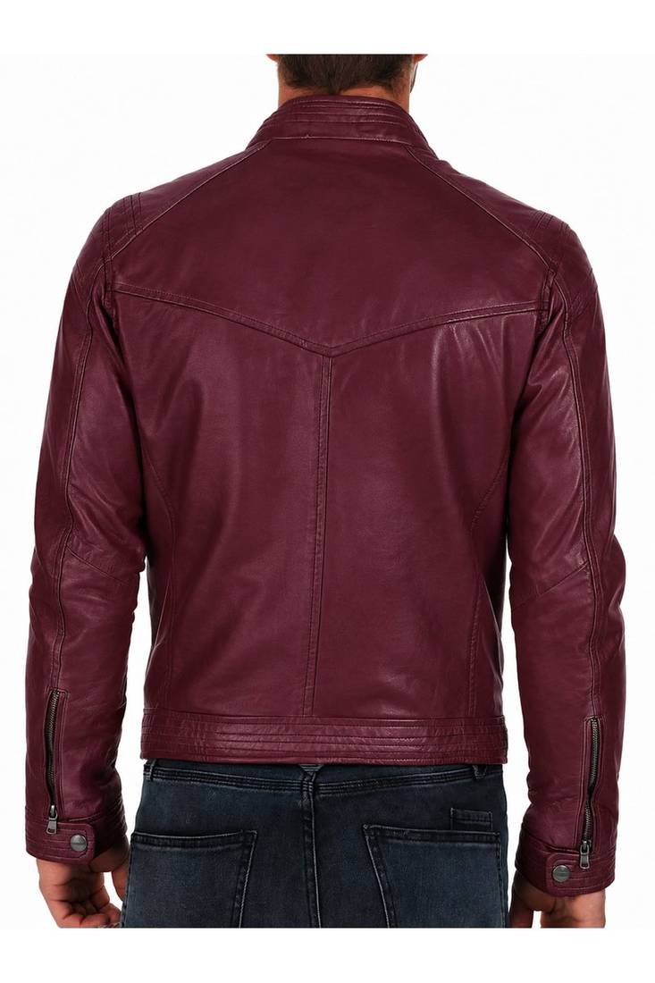 Men's burgundy leather genuine premium finish cafe racer jacket