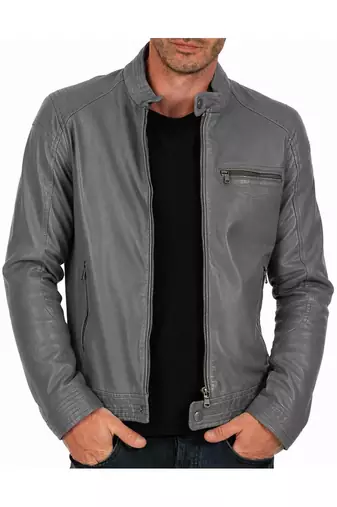 Men's grey leather real genuine everyday wear cafe racer jacket
