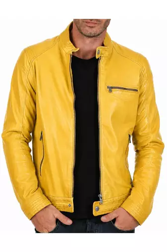 Men's cafe racer genuine leather fashion outerwear yellow jacket