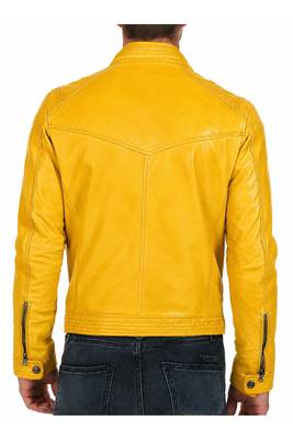 Men's cafe racer genuine leather fashion outerwear yellow jacket 2