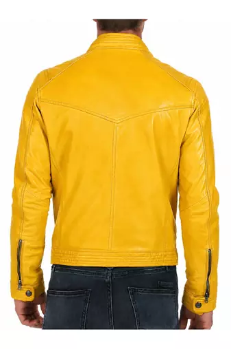 Men's cafe racer genuine leather fashion outerwear yellow jacket