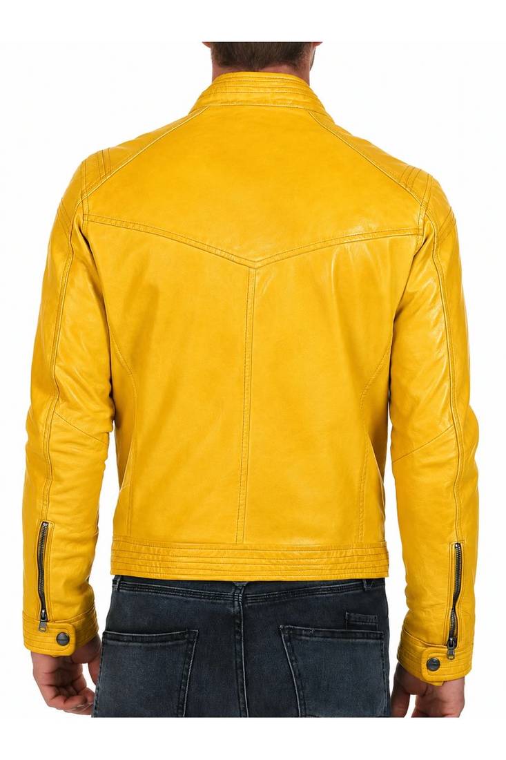 Men's cafe racer genuine leather fashion outerwear yellow jacket