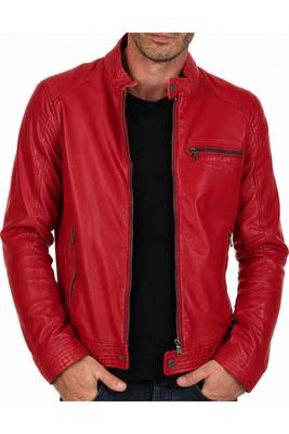 Men's red leather real lambskin casual style cafe racer jacket 1