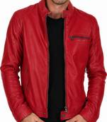 Men's red leather real lambskin casual style cafe racer jacket