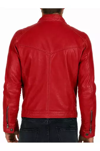 Men's red leather real lambskin casual style cafe racer jacket